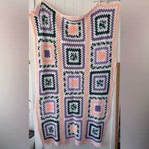 Handmade Granny Square Crochet Cottagecore Blanket Teal Peach Purple 43 x 66